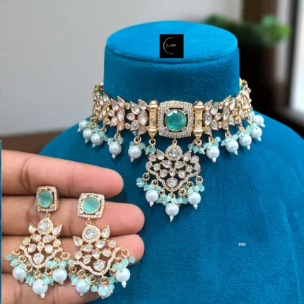 Emerald Green Kundan Choker Necklace Set with Pearl Drops – Bridal & Festive Jewelry